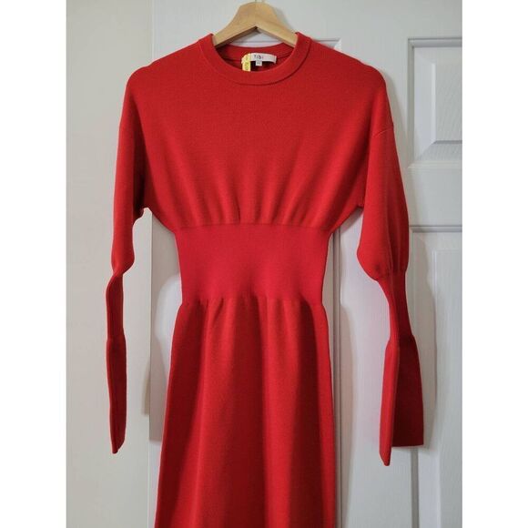 Tibi Merino Wool Bell Sleeve Knit Mini Dress XXS, RED $595 - Picture 4 of 10